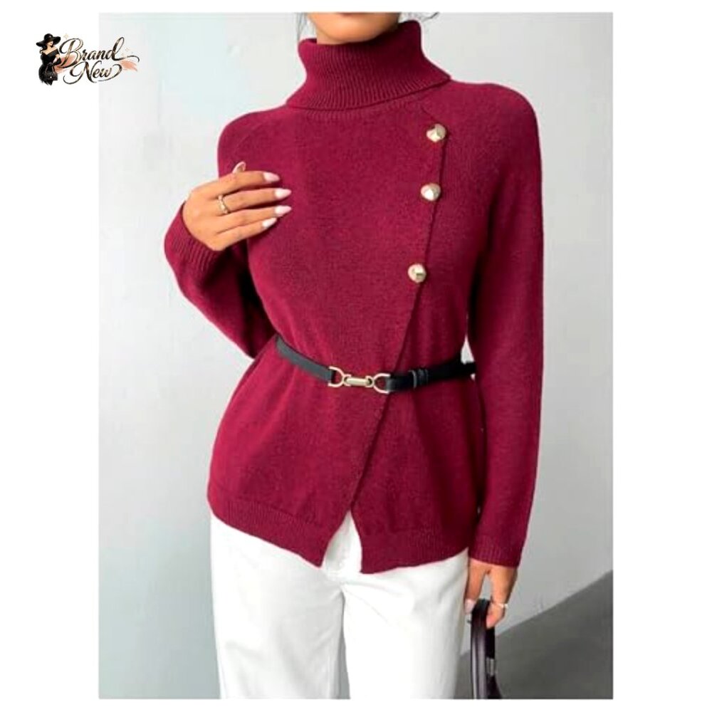 Polyester Knit Button Wrap Turtleneck Pullover Sw… - image 4